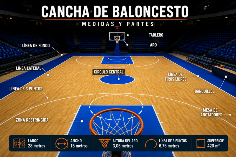 Cancha de baloncesto: medidas, partes, tipos y normativa oficial FIBA y NBA ChatGPT Image 29 jul 2026 23 18 11